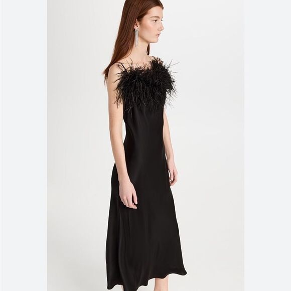 NWT SLEEPER Boheme Feather-trimmed Slip Dress in Ecovero Black $350 - Picture 3 of 9